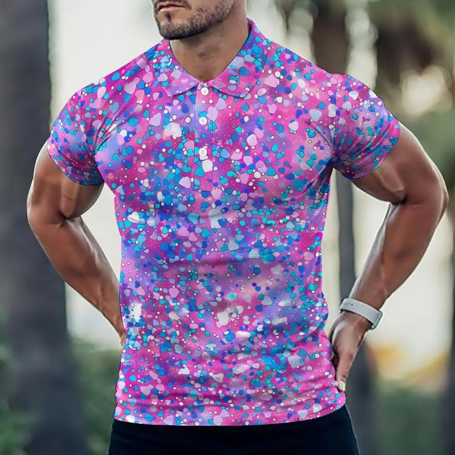 Purple Glitter Pattern Mens Polo Shirts Quick Dry Short Sleeve Golf Slim Fit T Shirt