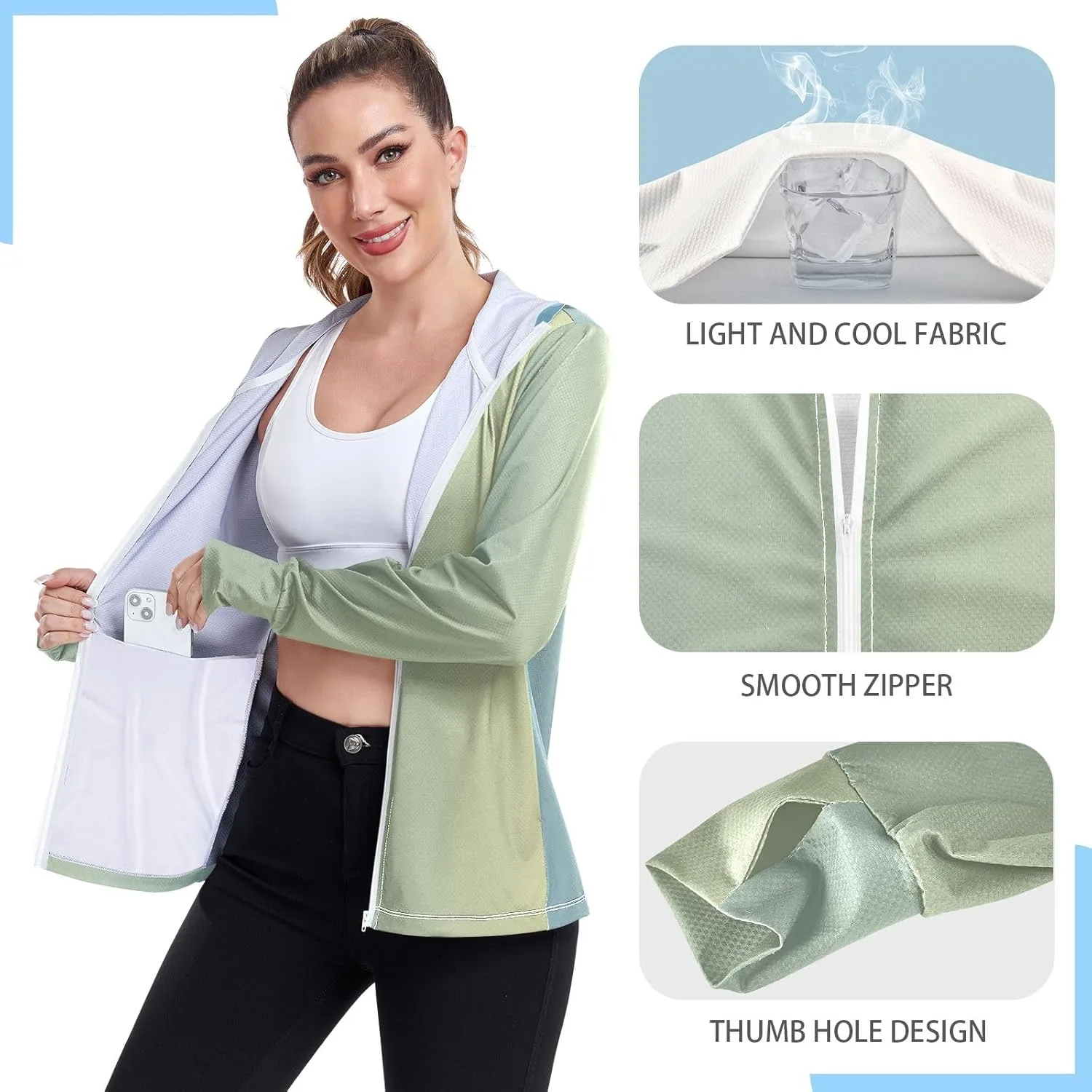 Purple Gradient Womens Sun Protection Shirts UPF 50  UV Sun Protection Clothing Women's Hoodie Zip Front Rash Guard