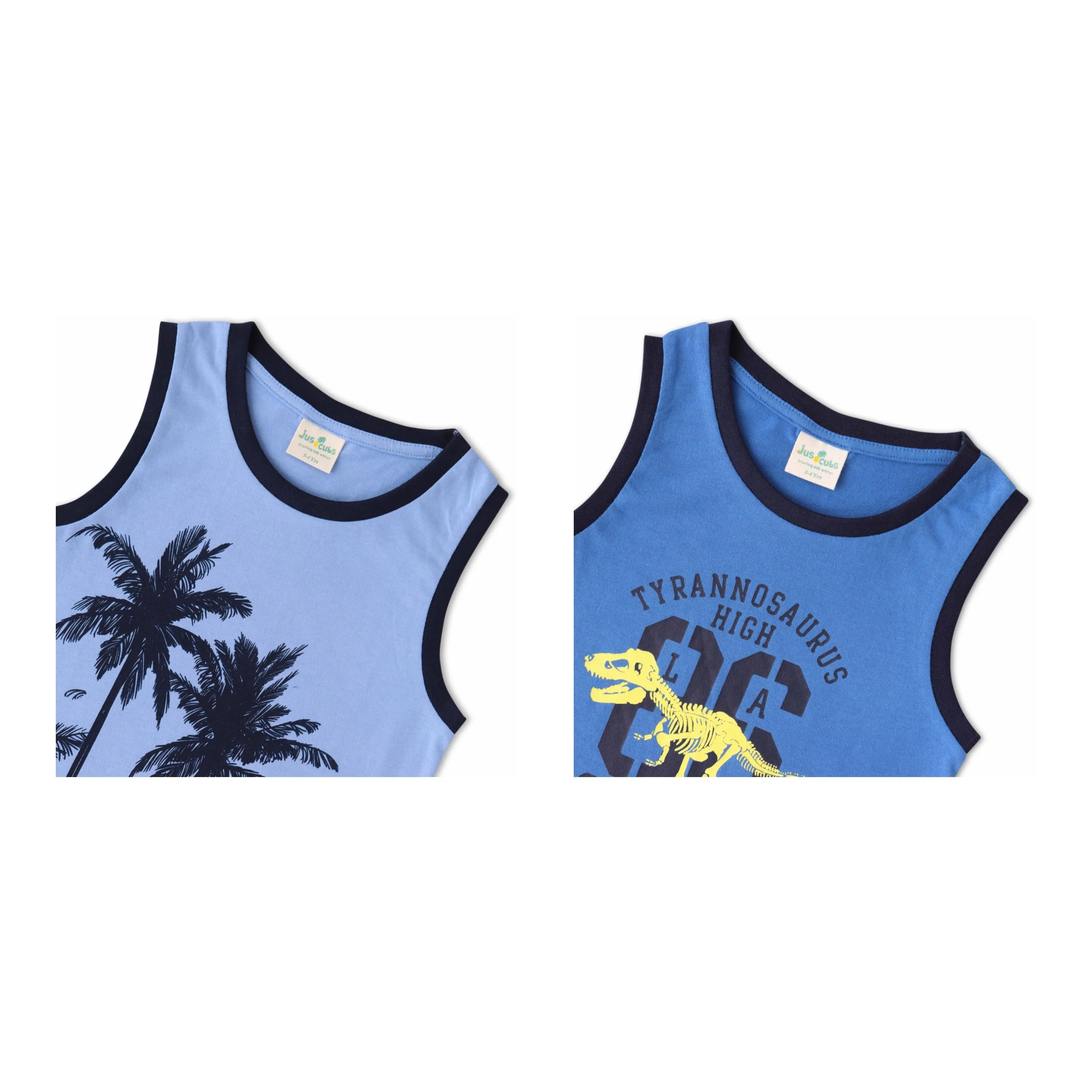 "Boys' 2-Pack Sleeveless T-shirt  Tropical Island & Dinosaur Print Tees (Blue/Royal Blue)"