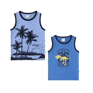 "Boys' 2-Pack Sleeveless T-shirt  Tropical Island & Dinosaur Print Tees (Blue/Royal Blue)"