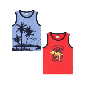 "Boys' 2-Pack T-shirt  Dinosaur & Tropical Island Graphic Sleeveless Tees (Red/Blue)"