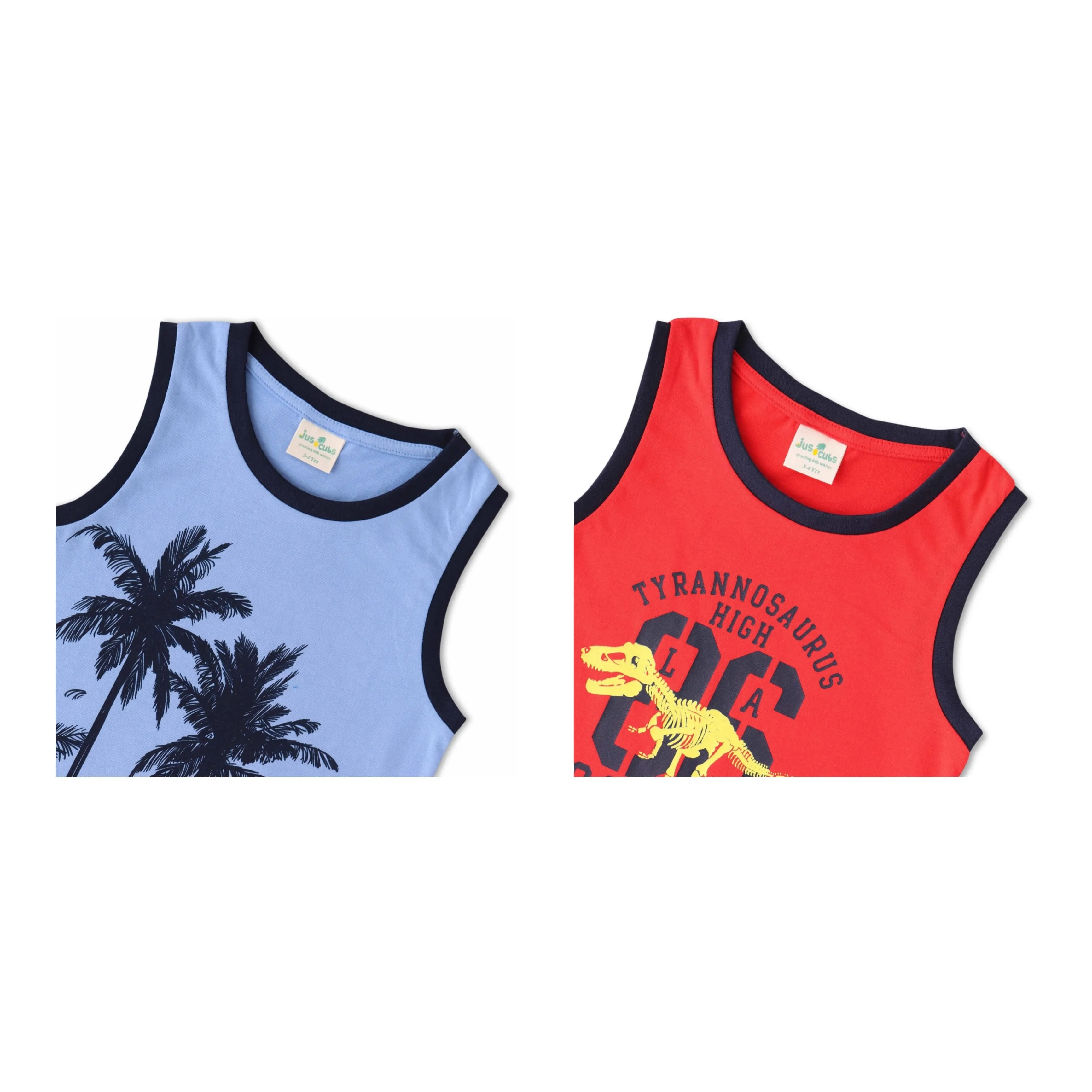 "Boys' 2-Pack T-shirt  Dinosaur & Tropical Island Graphic Sleeveless Tees (Red/Blue)"