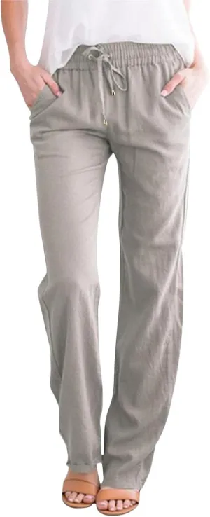 QWENTMTNTY Casual Summer Linen Pants for Women Loose Fit Elastic Waist Drawstring Trousers Comfy Beach Lounge Pants Pockets
