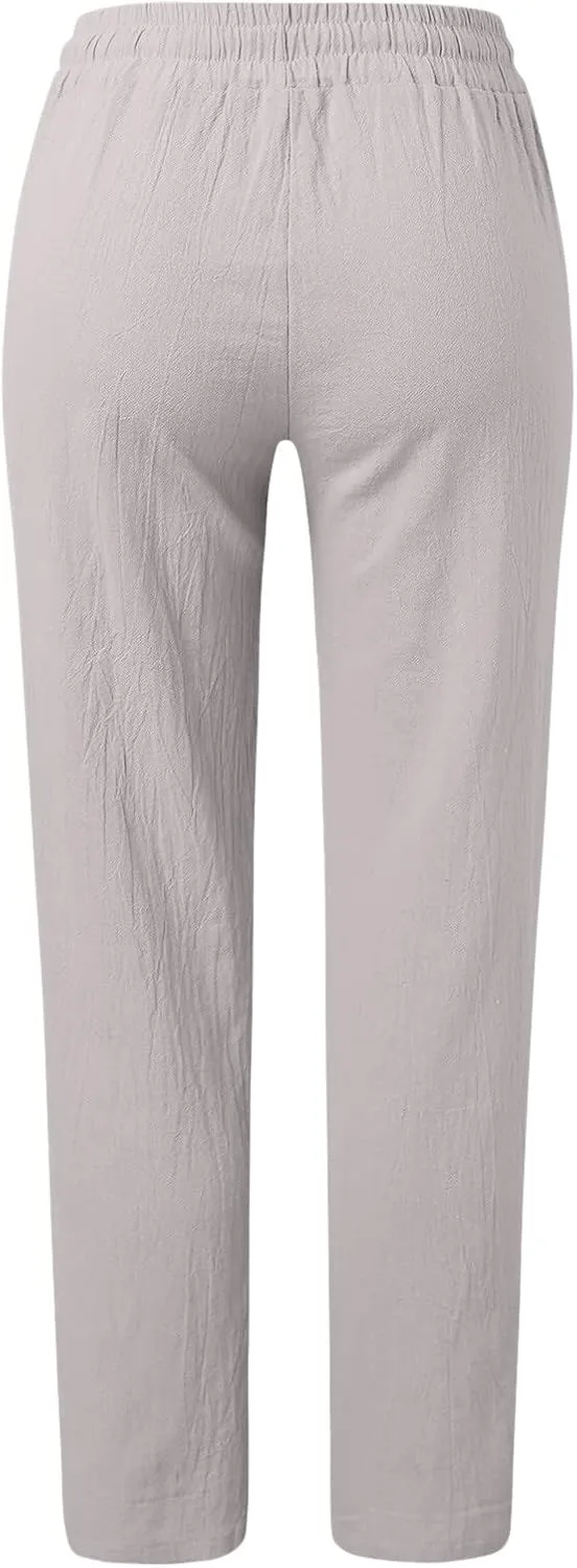 QWENTMTNTY Casual Summer Linen Pants for Women Loose Fit Elastic Waist Drawstring Trousers Comfy Beach Lounge Pants Pockets