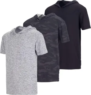 Real Essentials 3 Pack: Boys Dry-Fit Youth Teen Active Athletic Short Sleeve Workout Hoodie - Hooded Pullover Shirts