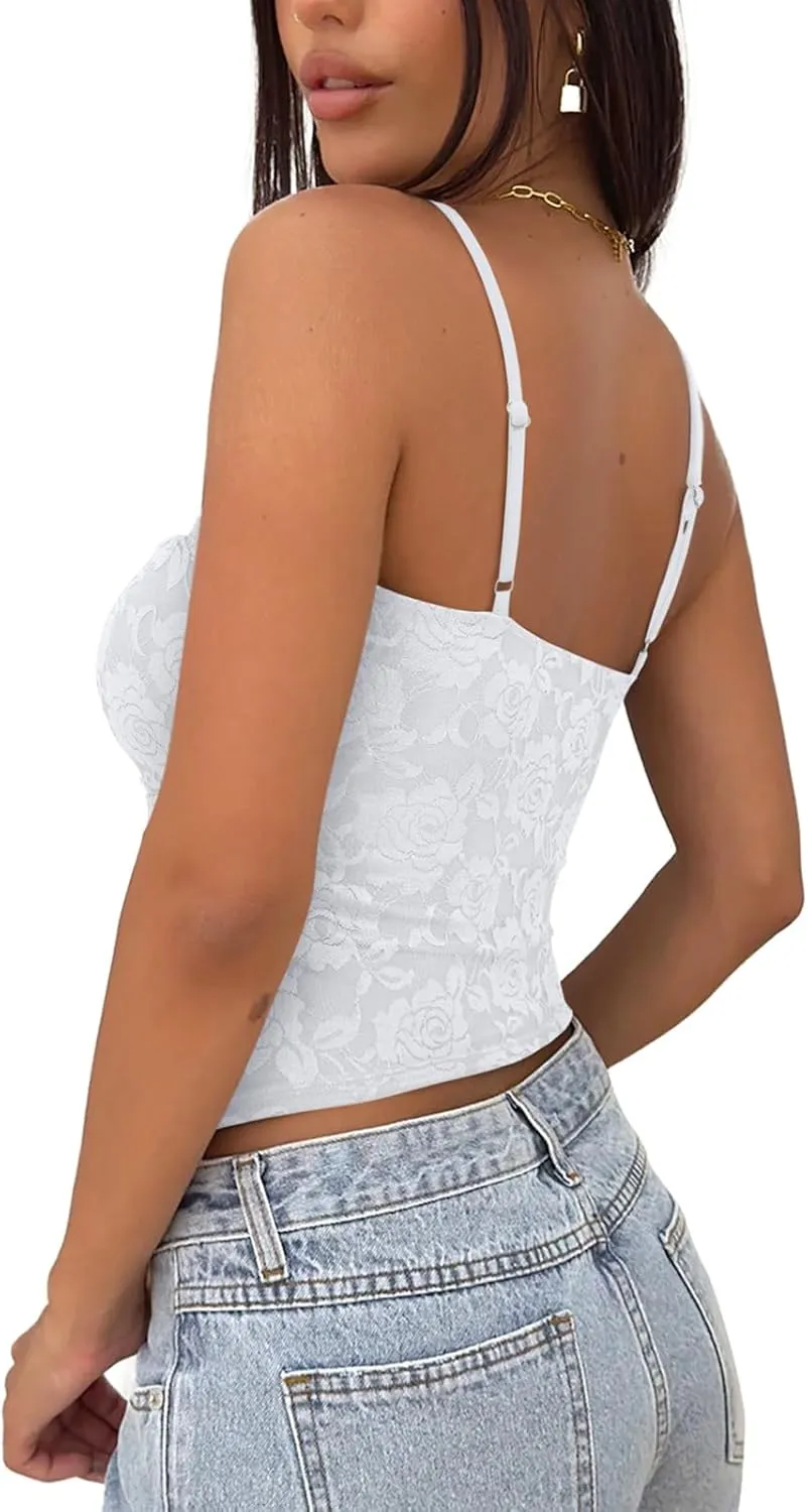 REORIA Going Out Tops for Women Summer Lace Tank Top Double Lined Y2K Backless Trendy Cute Crop Shirts 2025 Clothes