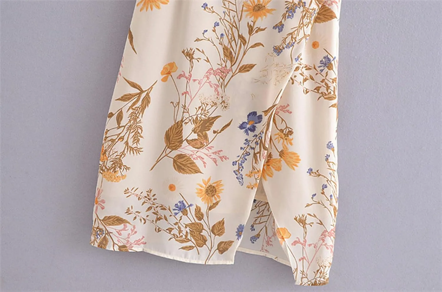 Retro Print Fit Tie-tie Long Skirt Women's Resort Style Side Slit Sling Dress Summer-Beige-S