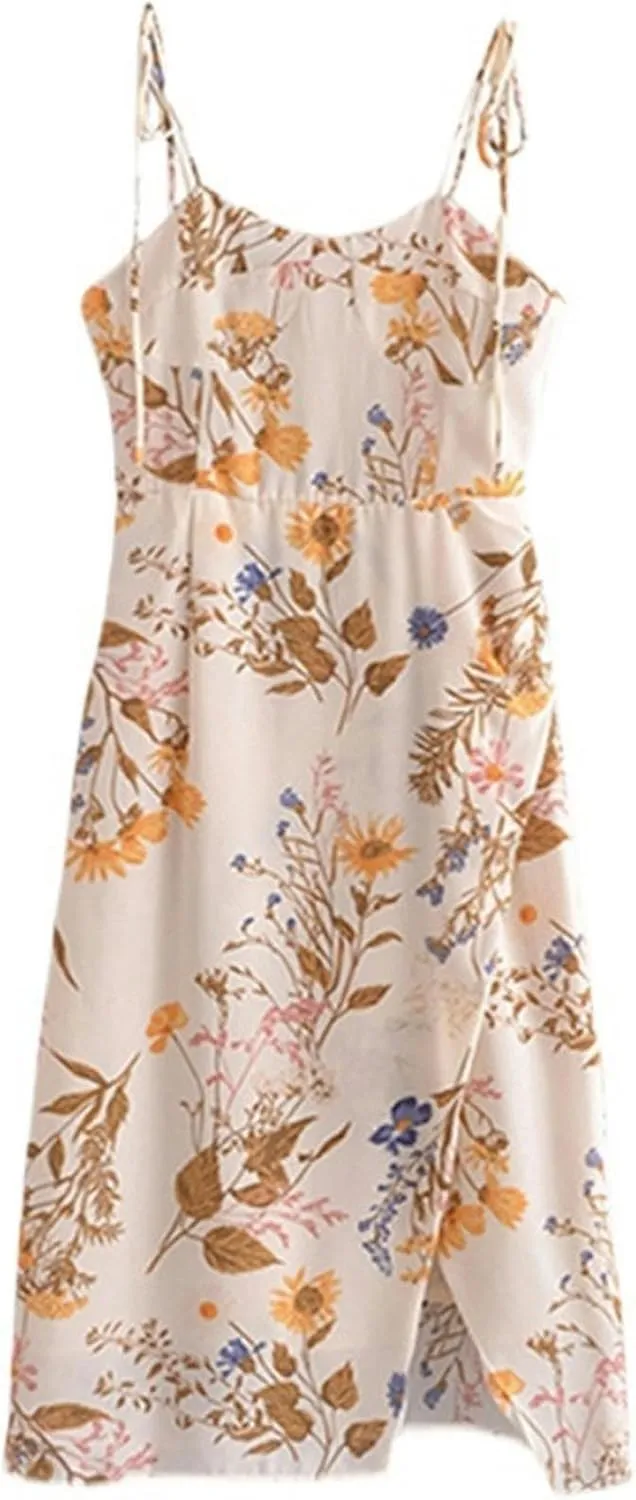 Retro Print Fit Tie-tie Long Skirt Women's Resort Style Side Slit Sling Dress Summer-Beige-S