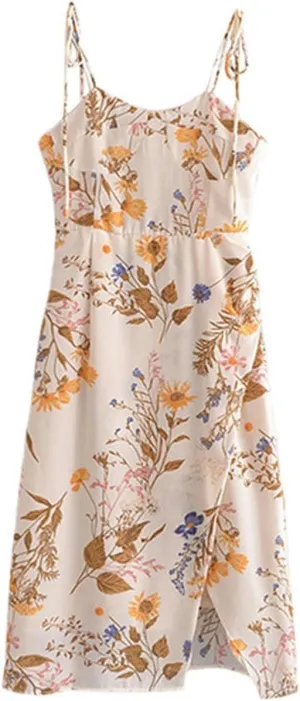 Retro Print Fit Tie-tie Long Skirt Women's Resort Style Side Slit Sling Dress Summer-Beige-S