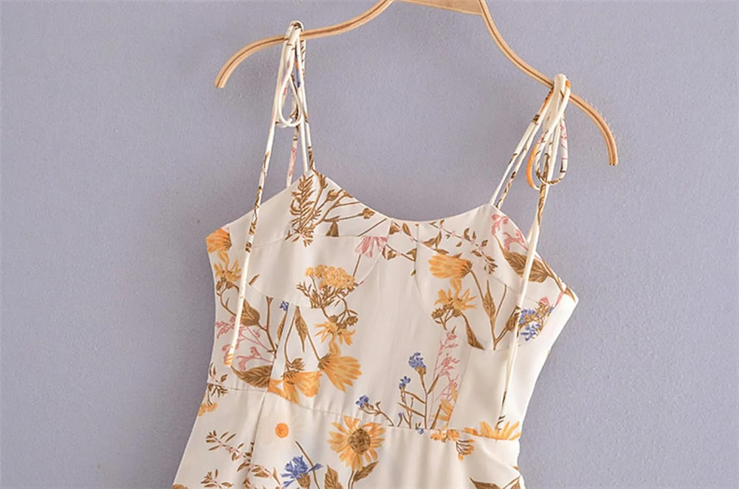 Retro Print Fit Tie-tie Long Skirt Women's Resort Style Side Slit Sling Dress Summer-Beige-S