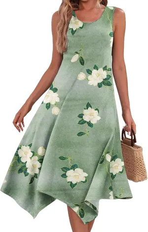 Round Neck Dress Womens Casual Sleeveless Fashion Floral Print Women's Irregular Hem Loose Weekend 2024 Midi Dress
