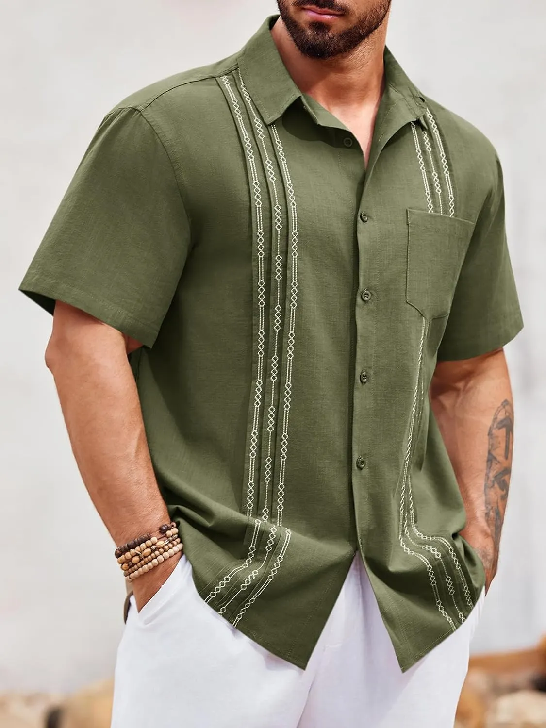 Runcati Mens Linen Shirt Guayabera Cuban Short Sleeve Button Down Summer Beach Hippie Shirts