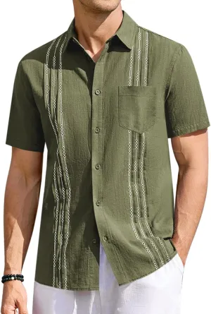 Runcati Mens Linen Shirt Guayabera Cuban Short Sleeve Button Down Summer Beach Hippie Shirts