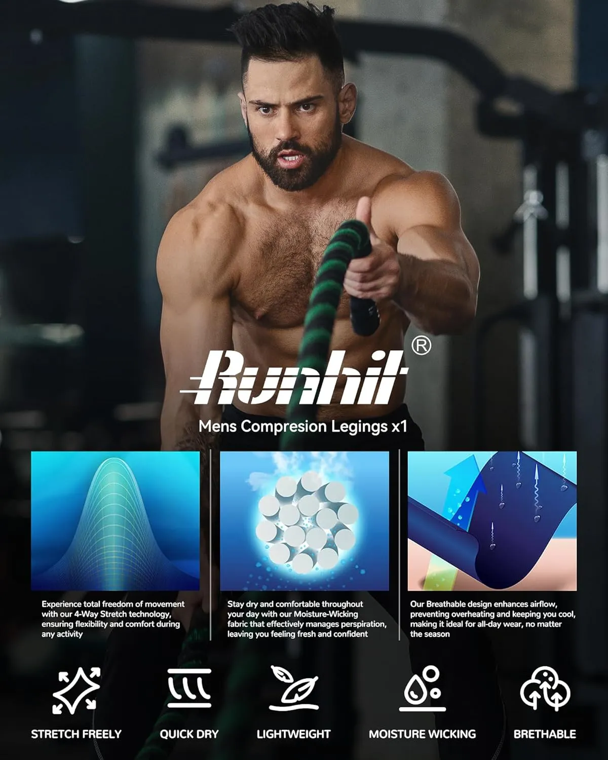 Runhit Mens Compression Pants Running Tights Workout Leggings Athletic Base Layer Pants for Sports Yoga Basketball