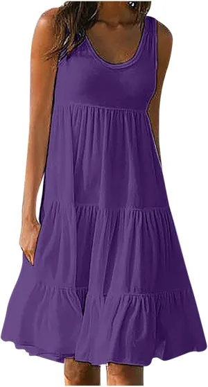 Ruziyoog Summer Casual Dresses for Women Sleeveless Mini Sundress Loose Flowy Swing Tank Dress Tiered Beach Cover Ups