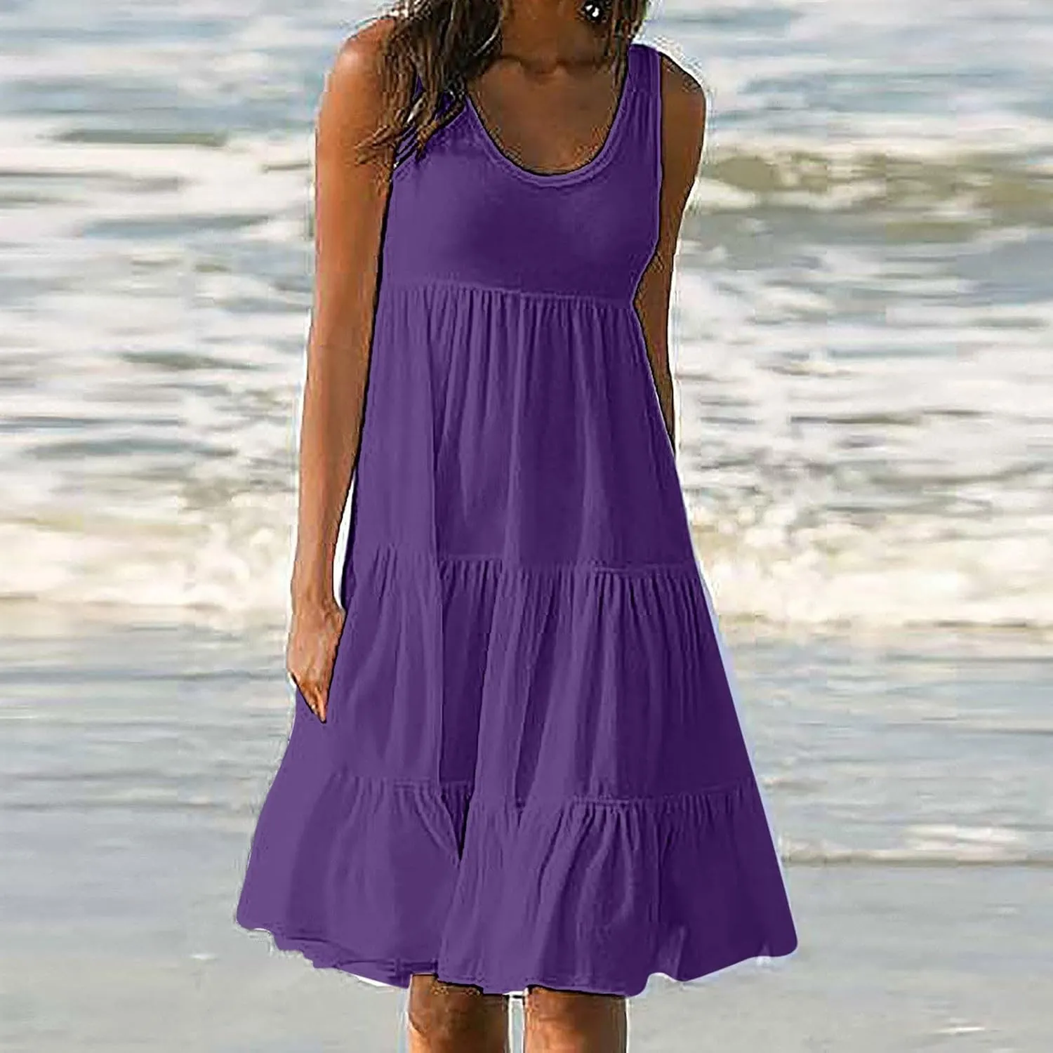 Ruziyoog Summer Casual Dresses for Women Sleeveless Mini Sundress Loose Flowy Swing Tank Dress Tiered Beach Cover Ups