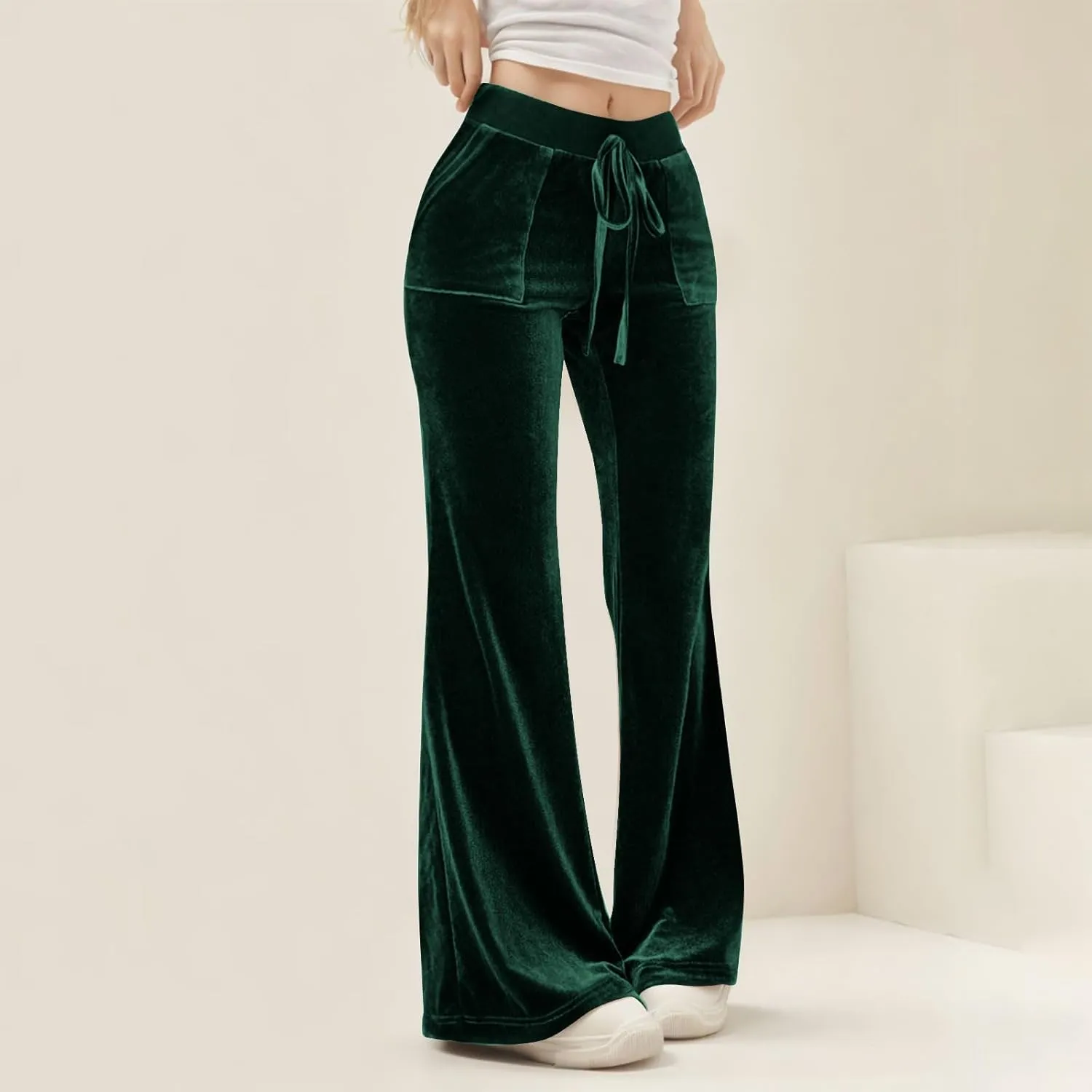 Ruziyoog Velvet Pants for Women Drawstring High Waist Wide Leg Casual Lounge Pant Loose Flowy Trousers with Pockets