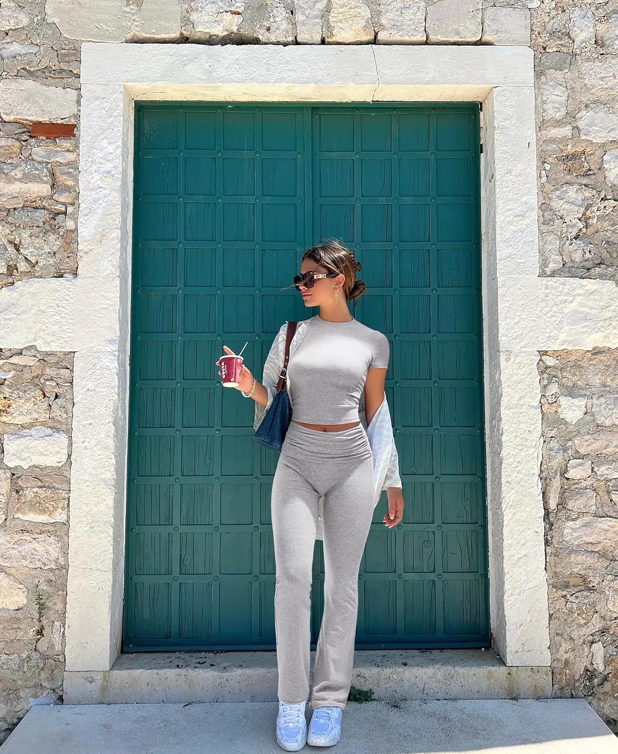 RXRXCOCO Women's 2 Piece Lounge Sets Y2K Crop Tops Fold Over Flare Pants Casual Outfits Matching Sets