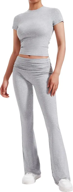 RXRXCOCO Women's 2 Piece Lounge Sets Y2K Crop Tops Fold Over Flare Pants Casual Outfits Matching Sets