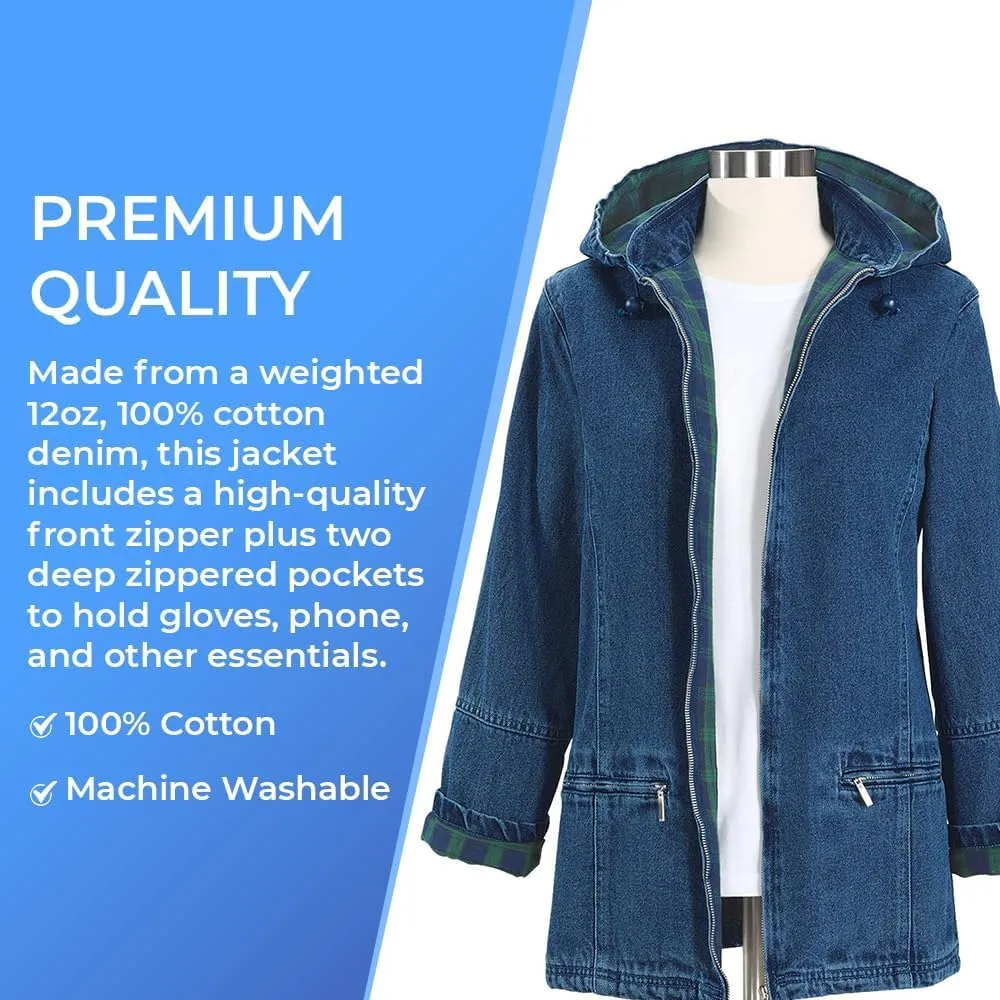 SAGEFINDS Womens Flannel Lined Denim Jacket | Detachable Hood | Zip Front and Side Pockets | 100% Cotton