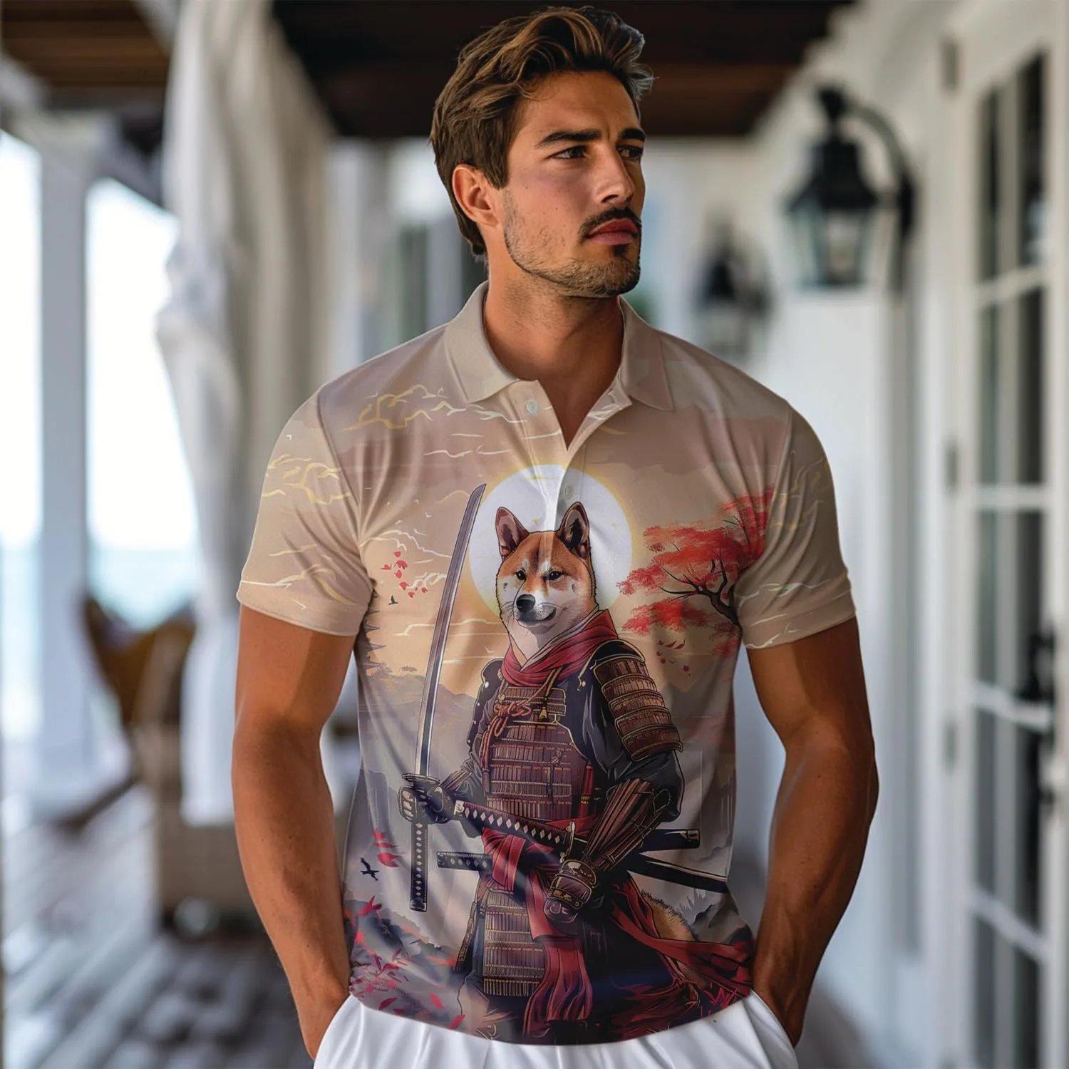 Samurai Golf Shirt Men Funny Golf Polos for Men Dry Fit- Warrior Golf Polo Shirts Hawaiian Polo Golf Outfits (MP_PL_21)