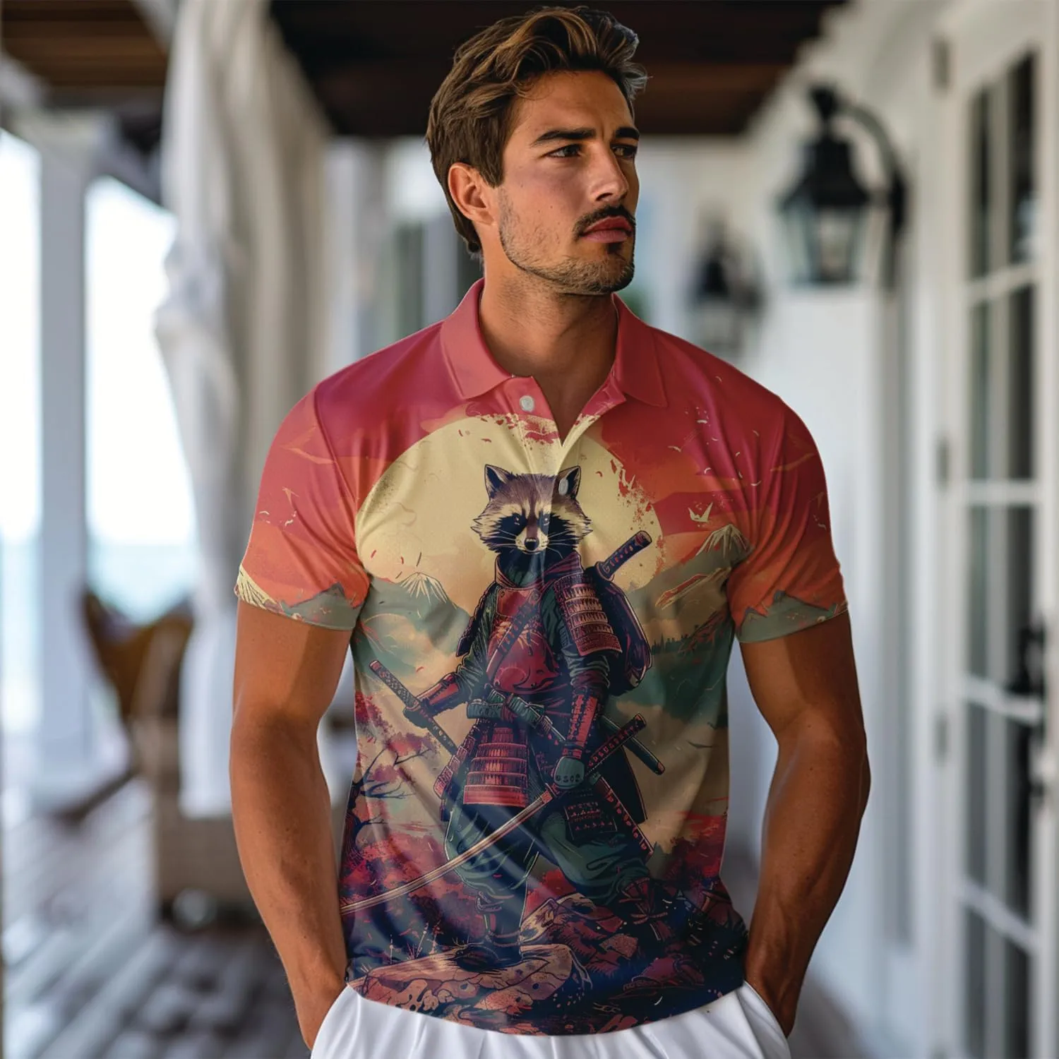 Samurai Golf Shirt Men Funny Golf Polos for Men Dry Fit- Warrior Golf Polo Shirts Hawaiian Polo Golf Outfits (MP_PL_21)