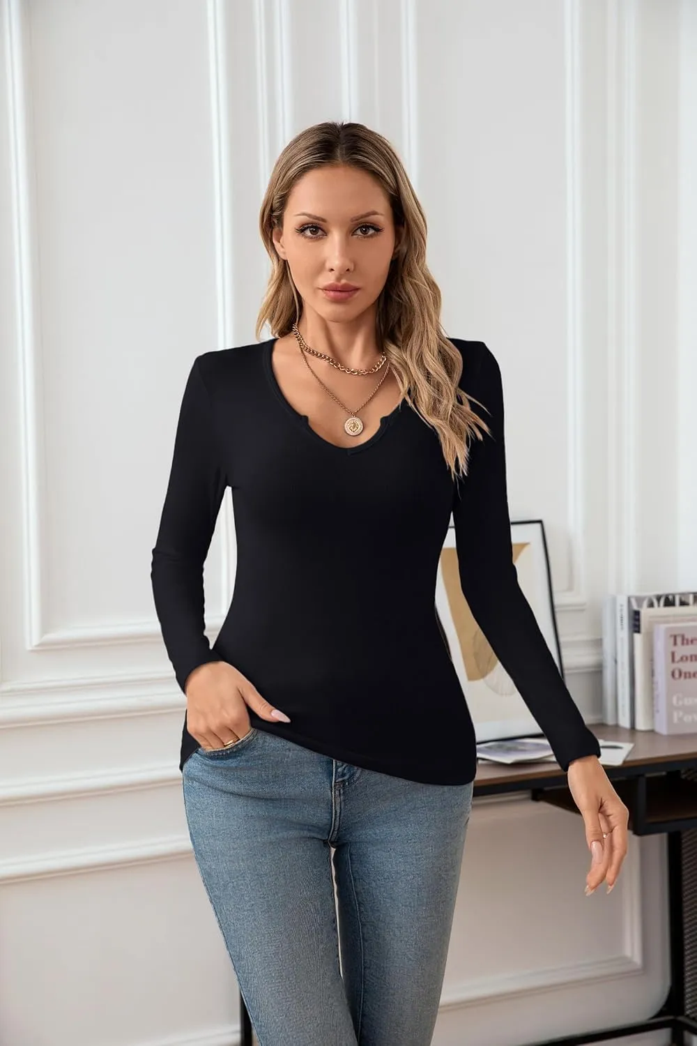 SANDERY Long/Short Sleeve Shirts for Women Basic Casual V Neck Tops Ribbed Slim Fitted Blouse