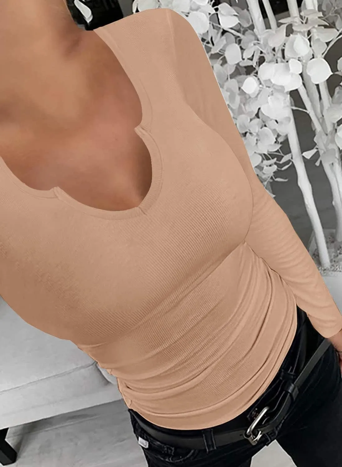 SANDERY Long/Short Sleeve Shirts for Women Basic Casual V Neck Tops Ribbed Slim Fitted Blouse