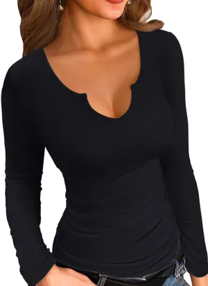 SANDERY Long/Short Sleeve Shirts for Women Basic Casual V Neck Tops Ribbed Slim Fitted Blouse