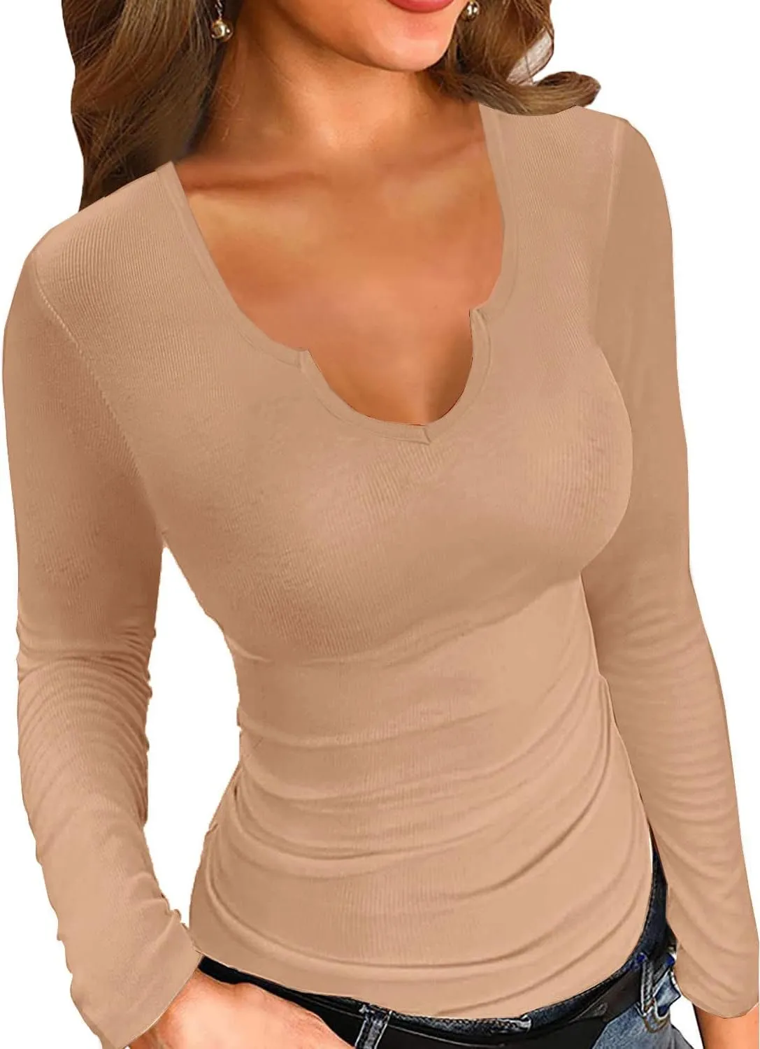 SANDERY Long/Short Sleeve Shirts for Women Basic Casual V Neck Tops Ribbed Slim Fitted Blouse