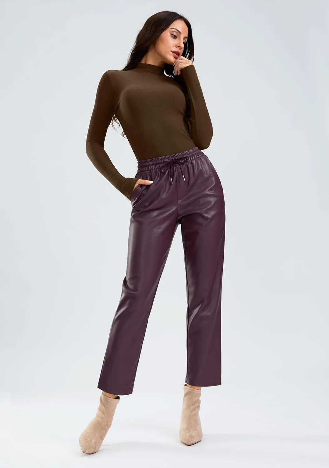 SANTINY Women's Faux Leather Pants High Waisted Straight Leg Cropped Ankle Trousers Vegan Matte Pleather Pants for Women