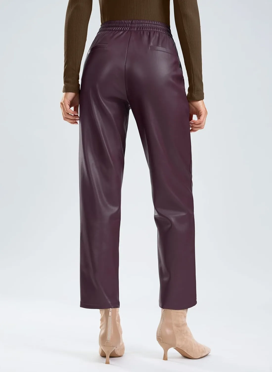 SANTINY Women's Faux Leather Pants High Waisted Straight Leg Cropped Ankle Trousers Vegan Matte Pleather Pants for Women