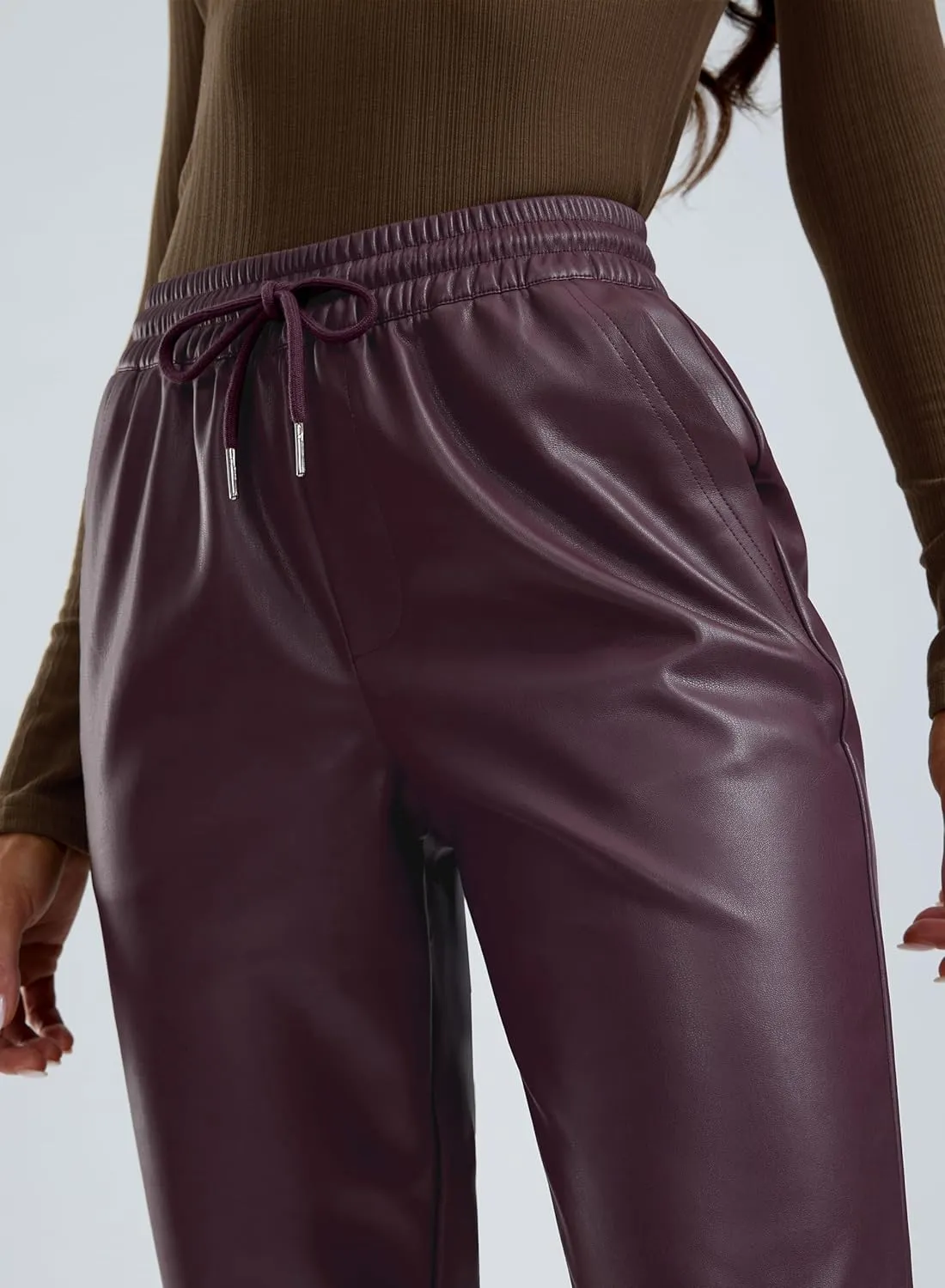 SANTINY Women's Faux Leather Pants High Waisted Straight Leg Cropped Ankle Trousers Vegan Matte Pleather Pants for Women