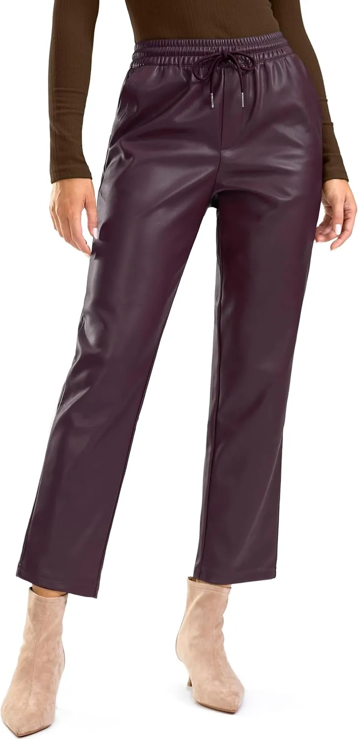 SANTINY Women's Faux Leather Pants High Waisted Straight Leg Cropped Ankle Trousers Vegan Matte Pleather Pants for Women