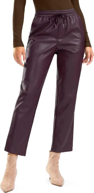 SANTINY Women's Faux Leather Pants High Waisted Straight Leg Cropped Ankle Trousers Vegan Matte Pleather Pants for Women