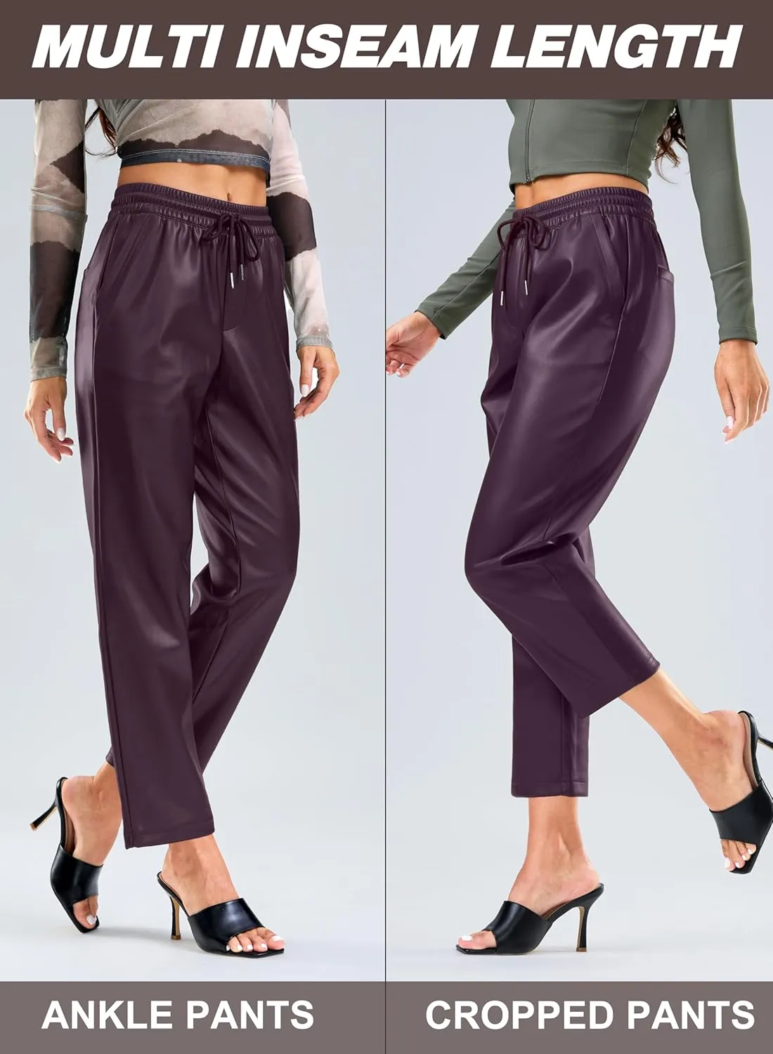 SANTINY Women's Faux Leather Pants High Waisted Straight Leg Cropped Ankle Trousers Vegan Matte Pleather Pants for Women