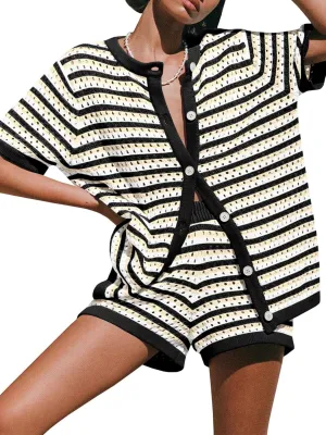 Saodimallsu Womens Crochet Swimsuit Coverup Summer Beach Sets Striped Knit Short Sleeve Button Shirts 2 Piece Short Set