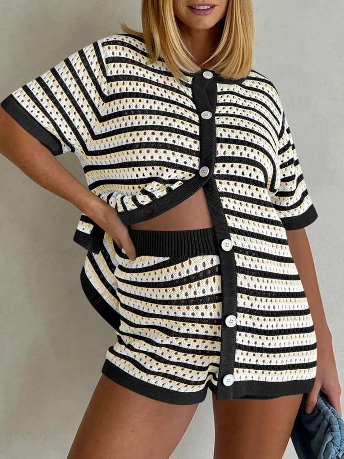 Saodimallsu Womens Crochet Swimsuit Coverup Summer Beach Sets Striped Knit Short Sleeve Button Shirts 2 Piece Short Set