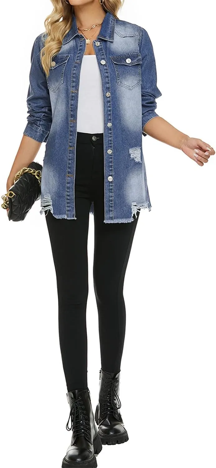 SCOFEEL Women Denim Shirt Jacket Long Sleeve Shacket Coat Distressed Washed Ripped Frayed Hem Jean Jacket