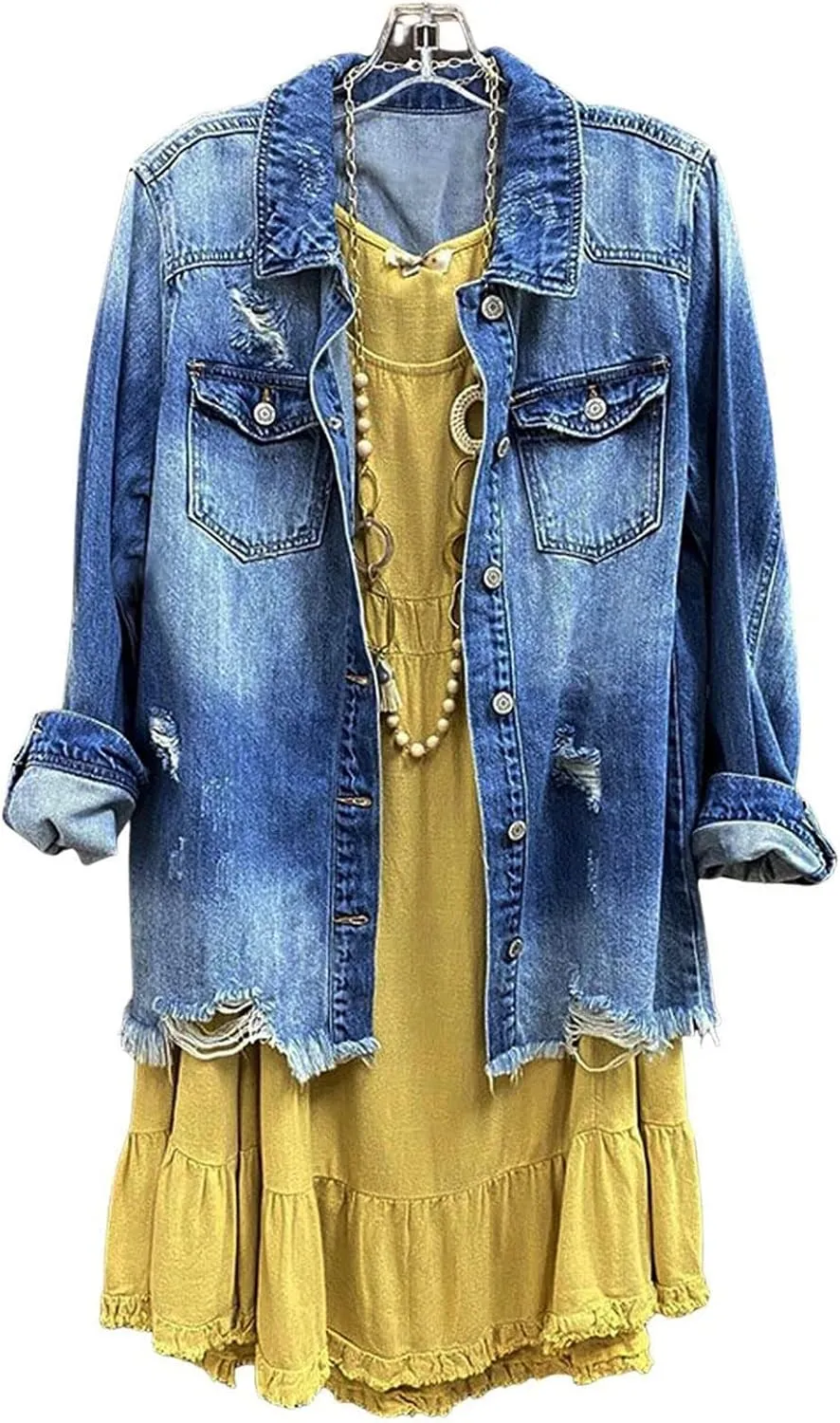 SCOFEEL Women Denim Shirt Jacket Long Sleeve Shacket Coat Distressed Washed Ripped Frayed Hem Jean Jacket