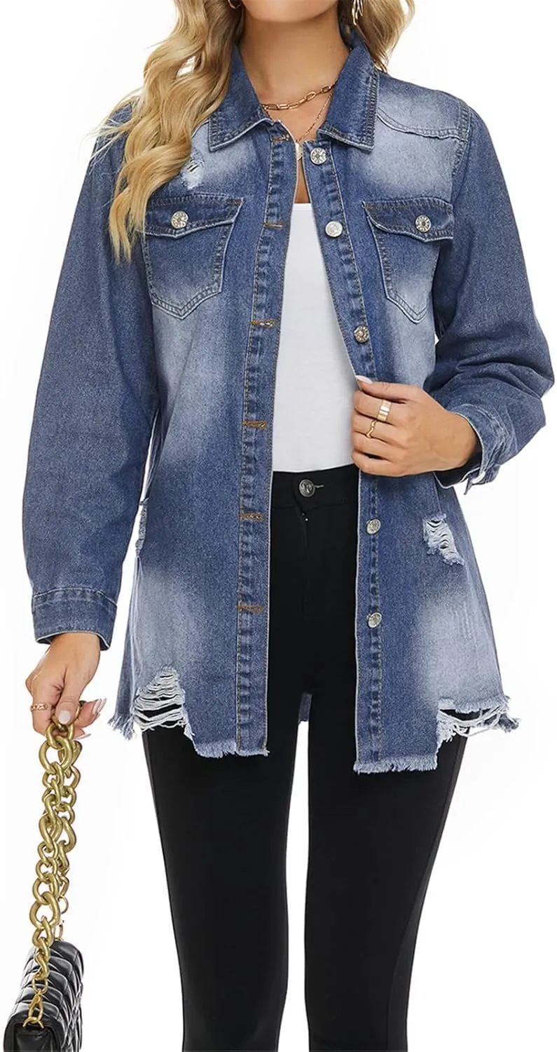 SCOFEEL Women Denim Shirt Jacket Long Sleeve Shacket Coat Distressed Washed Ripped Frayed Hem Jean Jacket