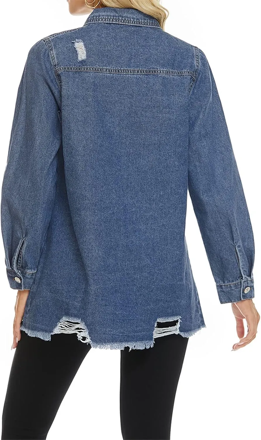SCOFEEL Women Denim Shirt Jacket Long Sleeve Shacket Coat Distressed Washed Ripped Frayed Hem Jean Jacket