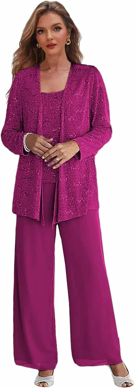 Sequin Mother of The Bride Pant Suits with Jacket 3 Pieces Formal Dress for Wedding Chiffon Outfit Sets