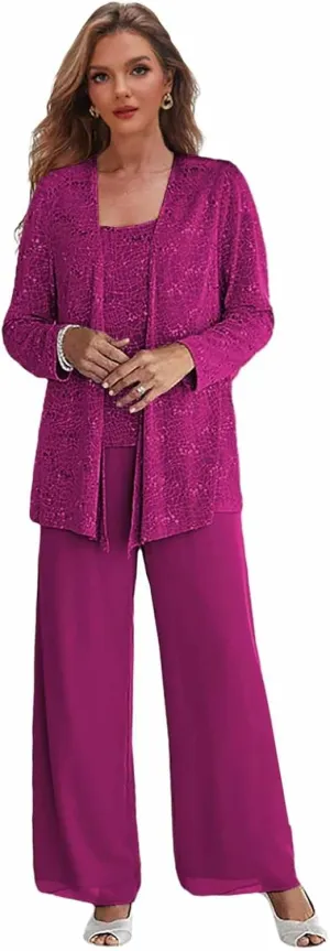 Sequin Mother of The Bride Pant Suits with Jacket 3 Pieces Formal Dress for Wedding Chiffon Outfit Sets