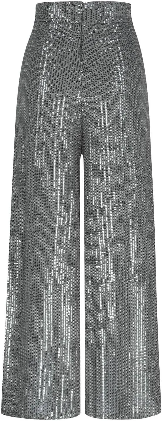 Sequin Pants for Women Wide Leg High Waist Back Zip Baggy Trousers Fashion Sparkle Flowy Party Night Out Clubwear