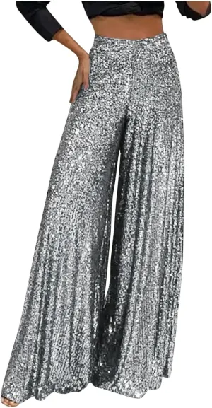 Sequin Pants for Women Wide Leg High Waist Back Zip Baggy Trousers Fashion Sparkle Flowy Party Night Out Clubwear