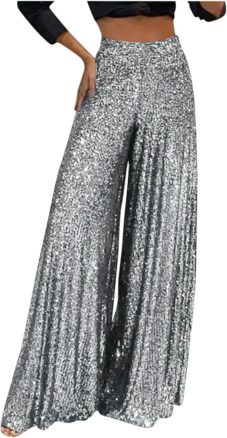 Sequin Pants for Women Wide Leg High Waist Back Zip Baggy Trousers Fashion Sparkle Flowy Party Night Out Clubwear