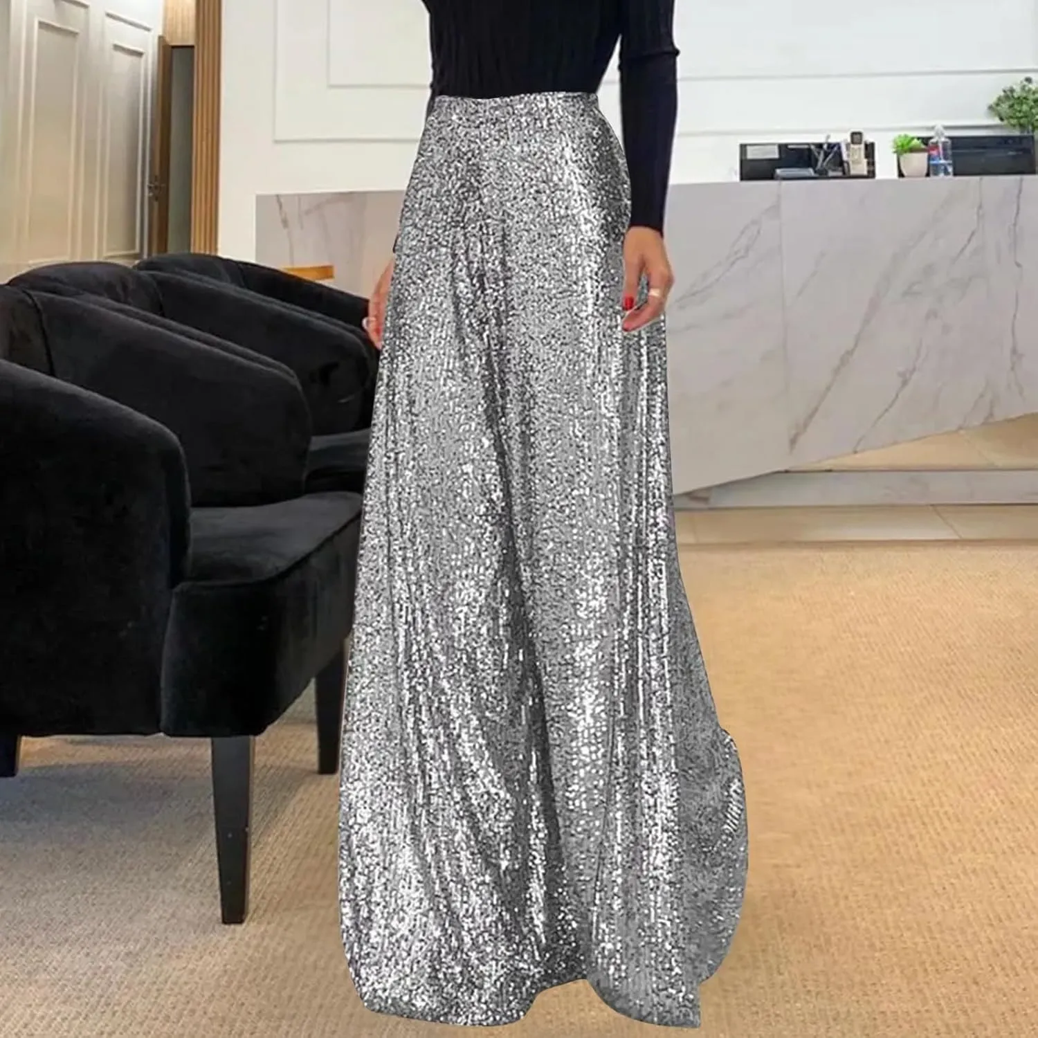 Sequin Pants for Women Wide Leg High Waist Back Zip Baggy Trousers Fashion Sparkle Flowy Party Night Out Clubwear