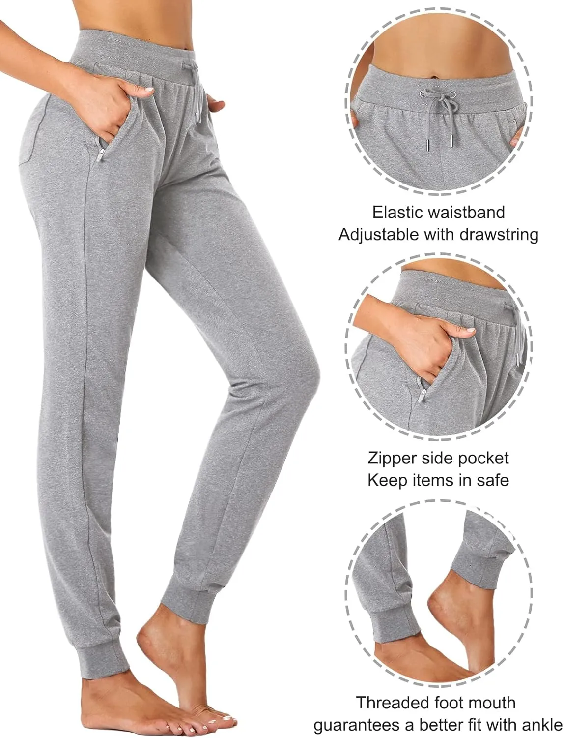 SEVEGO Tall Women's 30/32/34/36 Inseam Jogger Lightweight Cotton Sweatpants Zipper Pockets Running Long Sweat Pants