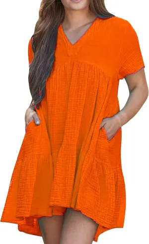 Short Sleeve Babydoll Dress for Women Summer V Neck Knee Length Holiday Sundress Casual Flowy Dress Plus Size
